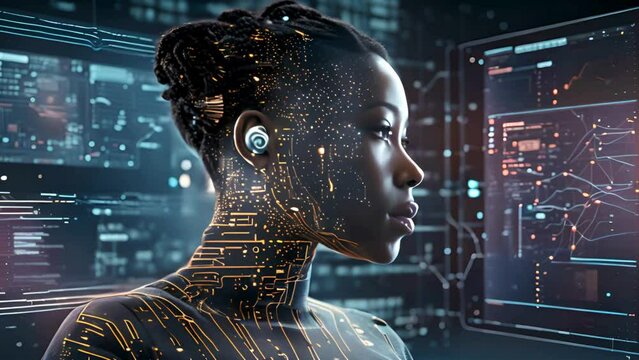 AI Artificial Intelligence robot African American black woman processing data privacy security technology