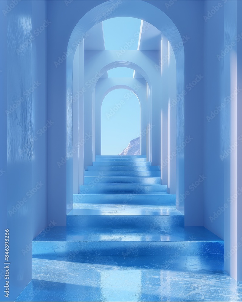 Poster Design a simple 3D platform with a simple design style, simple style, close view, sense of technology, blue and white. Generative AI.