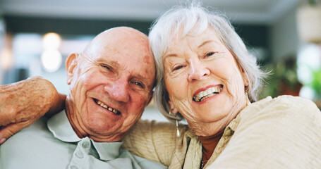 Senior couple, portrait and hug for love in home, together and commitment to marriage or affection....