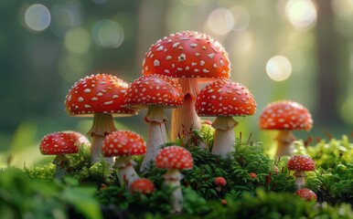 Red And White Spotted Mushrooms Growing In Mossy Forest