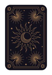 Mystical Sun and Crescent Moon Drawing, Tarot Card Background, Magic Illustration