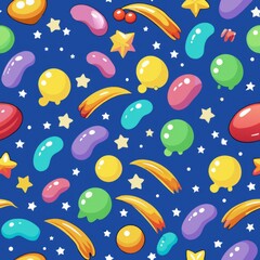  Seamless pattern of magical jelly beans with shooting stars and comet tails, Generative AI