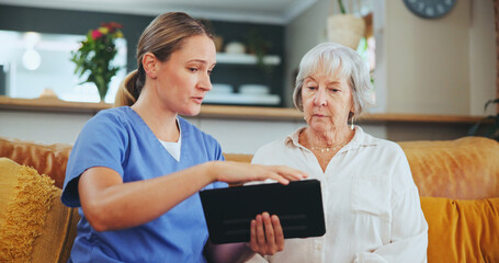 Senior woman, nurse and consulting with tablet for healthcare, medicare or results at nursing home. Female person or caregiver talking to mature patient with technology on living room sofa at house © Azeemud/peopleimages.com