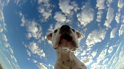  A tight shot of a dog gazing at the sky, surrounded by clouds in the background The top half is filled with a blue sky dotted with white, fluffy clouds