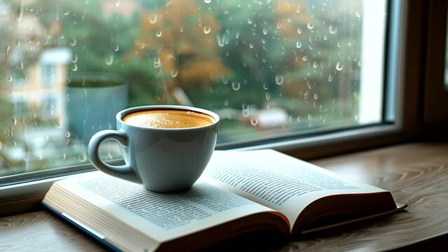 Coffee with a book in the window, rainy view outside the window, for relaxing background music. looping time-lapse video