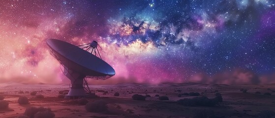 Obraz premium Radio telescope in the desert, starry sky with milky way galaxy and colorful nebula in background