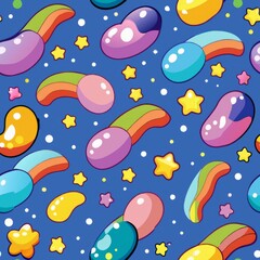  Seamless pattern of magical jelly beans with shooting stars and comet tails, Generative AI