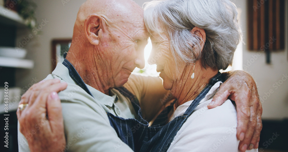 Canvas Prints Kitchen, love and senior couple in home for embrace, bonding relationship and commitment together. Marriage, happy and elderly man and woman cooking together for wellness, meal prep and health