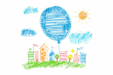 child kids drawing cityscape cloud sun crayon art colorful doodle line art