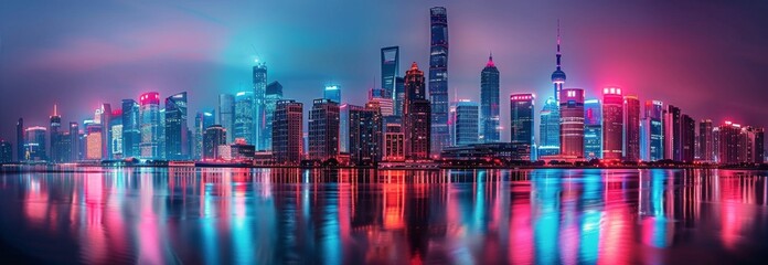 Futuristic Cityscape With Neon Lights Reflecting in Water at Night