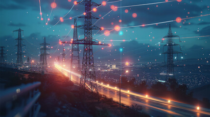 High voltage transmission towers with line data hologram with city background. Generative AI.