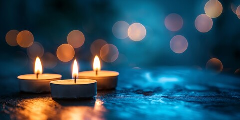 Three tealight candles arranged closely together, their small flames flickering against a cool, dark background with bokeh effects, evoking a sense of peace and calm.