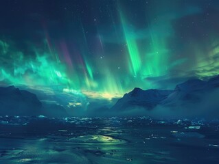 Naklejka premium A beautiful night sky with a green aurora and mountains in the background