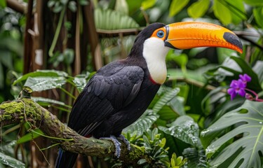 A Toucan Perched On A Branch In A Lush Tropical Forest