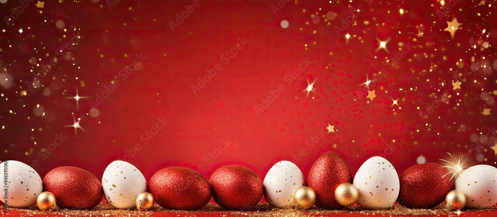 Poster a square background with a red backdrop adorned with white easter eggs covered in golden glitter con