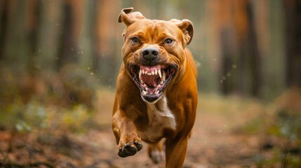 A dog is running with its mouth open and teeth bared