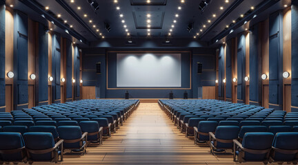 3d render of the university auditorium, minimalistic style, many seats, white and dark blue colors, wooden floor, view on the board screen. Generative AI.