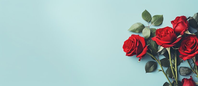 A creative flat lay arrangement featuring red flowers and a pastel blue background Perfect for Women s Day or Valentine s Day with ample copy space The minimalistic spring concept highlights the beau
