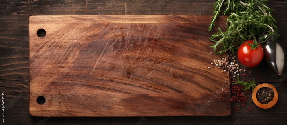 Poster a wooden cutting board sits on a textured kitchen table serving as a backdrop for a menu food card o
