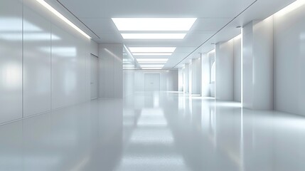 Corner of a white empty laboratory, clean and minimalist style. High resolution, volumetric lighting, white background, no shadows. Generative AI.