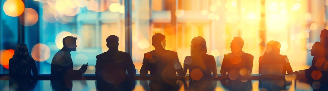 Silhouette of business people meeting in an office, wide banner with a copy space area and blurred background