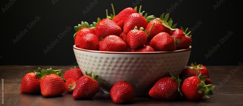 Poster a copy space image of ripe strawberries arranged neatly in a bowl placed on a table