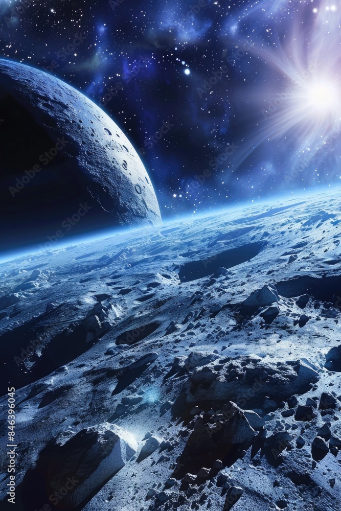 Poster a space scene with a large planet and a small moon