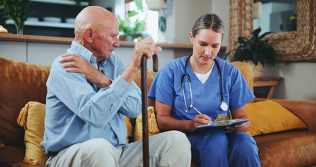 People, nurse and patient on sofa with clipboard for information, prescription and trust. Senior...