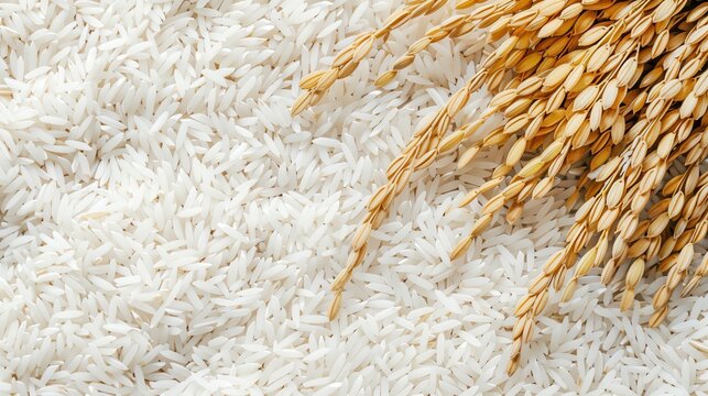 Paddy rice grain background, white color of piatte de riz texture with ear and sheaf for banner or wallpaper design, top view
