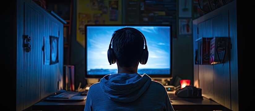 A schoolboy is seen from behind as he sits at a laptop wearing headphones The monitor screen is blank providing space for an image He is typing and doing homework at home typical of an online element