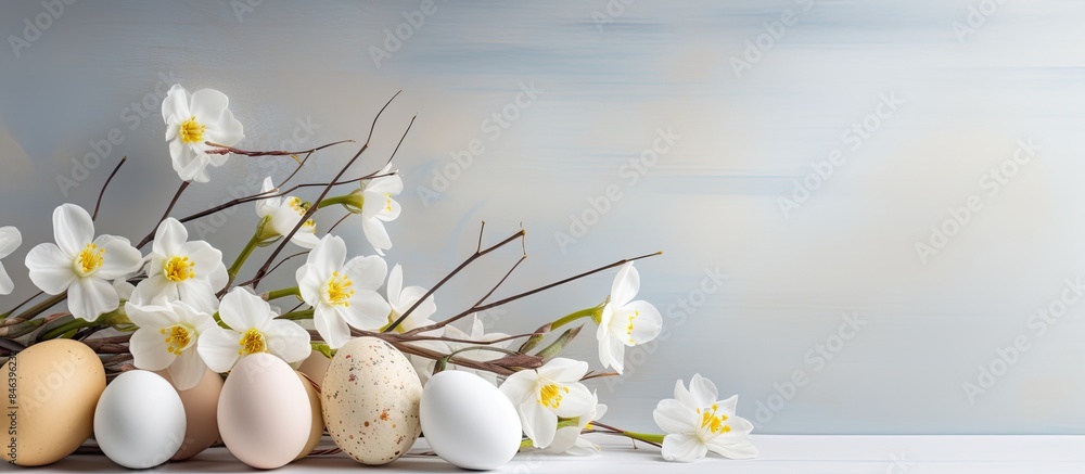 Poster a light background with easter eggs willow branches and white daffodils create a beautiful copy spac