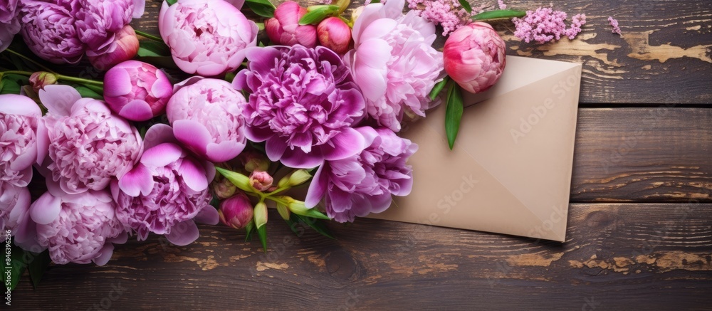 Aufkleber a flat lay image featuring peonies on a wooden background creating a textured backdrop for a photo t