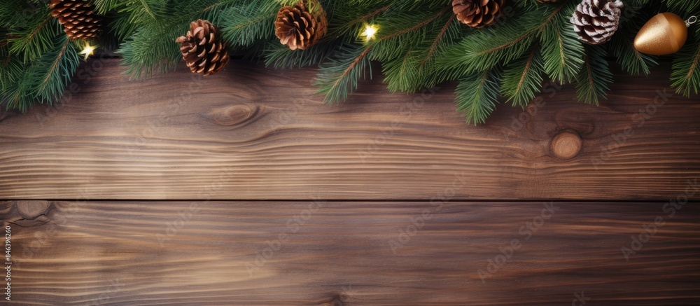 Poster a garland is placed on top of fir branches on a light wooden table creating a christmas and new year