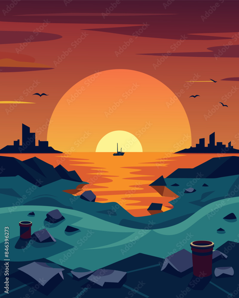 Poster the sun sets over the horizon casting a grim light on the trashstrewn beaches of this polluted float