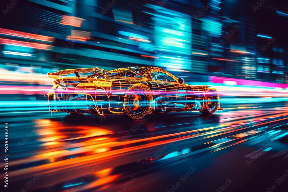 Poster futuristic car with motion blur, showcasing speed and technology in an abstract design