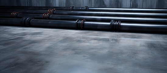 A view of several black pipes placed on a cement floor creating a copy space image