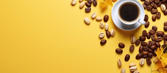 Obraz premium A flat lay copy space image showcases a yellow brown table adorned with two waffle cups scattered coffee beans and almonds perfect for magazines designers and articles