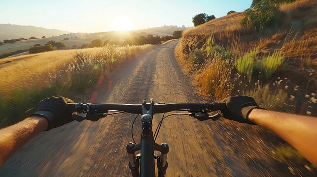 First person view of road bike riding on country dirt roads in the rolling hills of Northern California, with focus point on one hand holding the handlebar