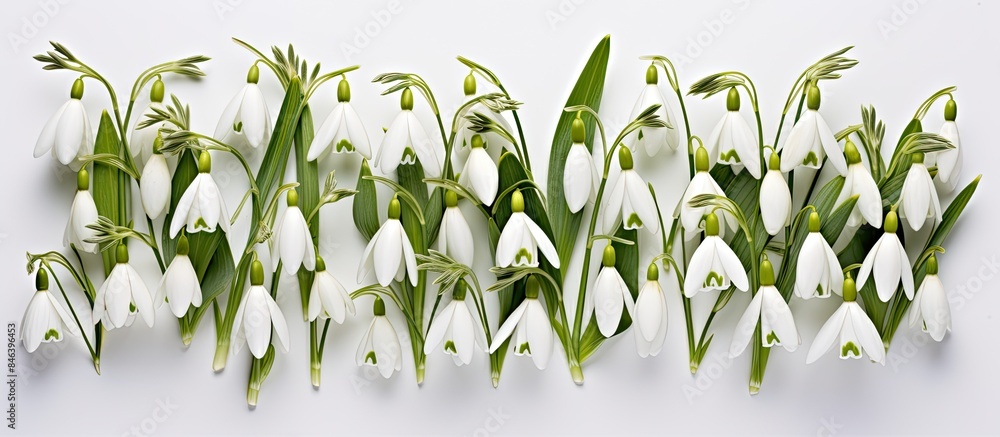 Poster a lovely top down view of snowdrops against a pristine white backdrop perfect for incorporating text