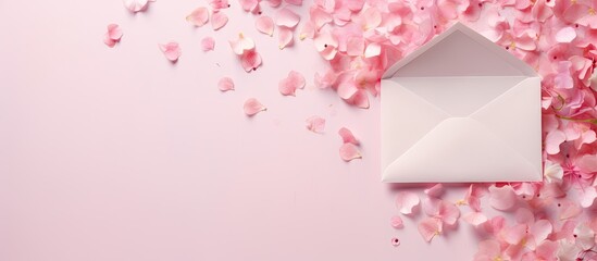 A beautiful image of confetti spilling from an envelope onto a soft pink backdrop The concept of correspondence is captured in this flat lay photograph which also features copy space for text