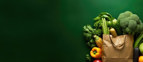 A top view image of a paper bag filled with a colorful assortment of green vegetables and fruits on a green background illustrating the concept of bagged food Ample copy space is available