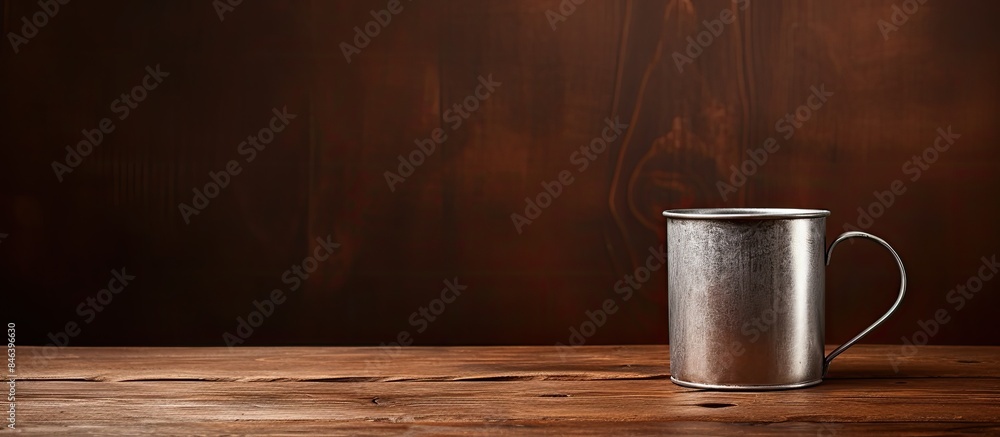Poster an image of wooden kitchenware sitting inside a metal mug on a rustic old table creating a compositi