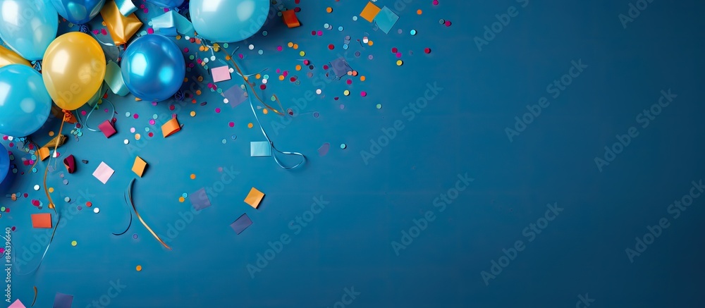 Poster a festive blue table decorated with colorful balloons and confetti creates a vibrant background for 