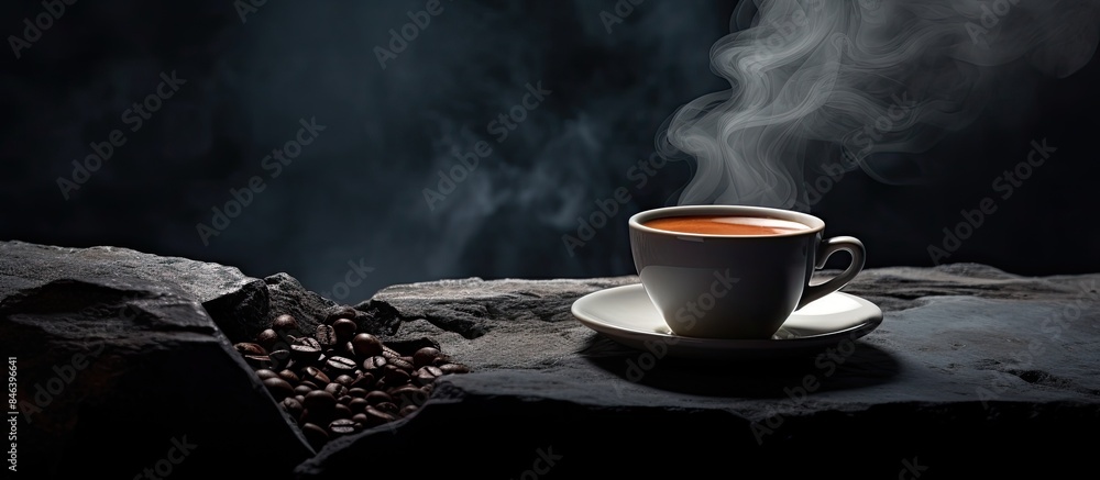 Poster a cup of espresso with steam rising above it on a black stone background the image has copy space fo