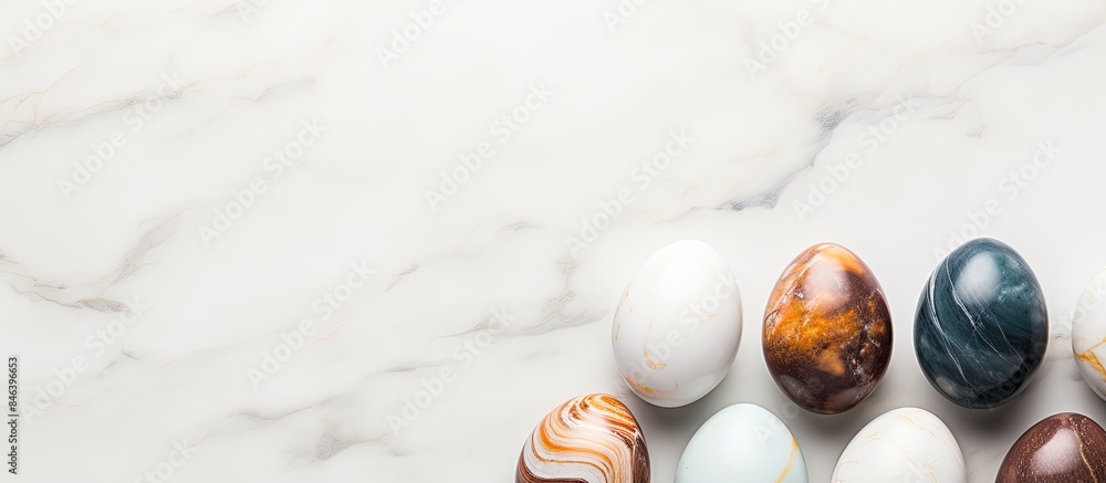 Poster a top down view of easter eggs on a marble background with a minimalist design perfect for a banner 