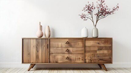 Wooden cabinet and accessories decor in living room interior on empty white wall background 