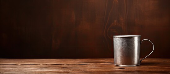 An image of wooden kitchenware sitting inside a metal mug on a rustic old table creating a composition with empty space for text or other elements. copy space available