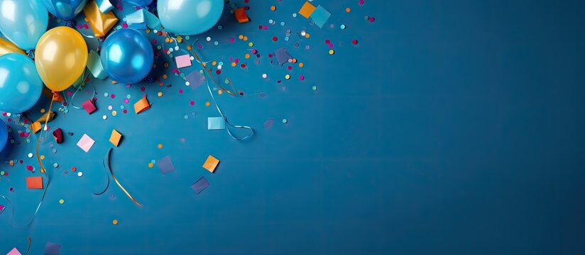 A festive blue table decorated with colorful balloons and confetti creates a vibrant background for a party The flat lay style of the image leaves ample copy space for text making it perfect for a bi