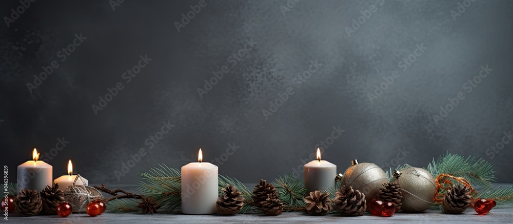 Poster a copy space image featuring a grey background adorned with burning candles fir tree branches pine c