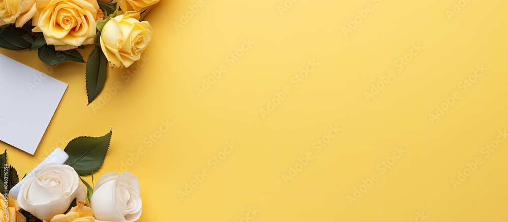 Poster a top view photo of an office desk working space with blank mock up notes yellow roses and a yellow 